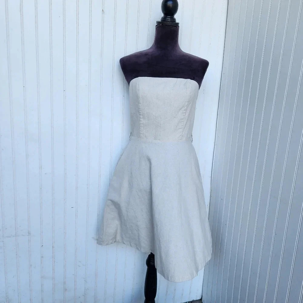 Monteau Women's Strapless Beige Nude Neutral Linen Stretch Back Pockets Dress M